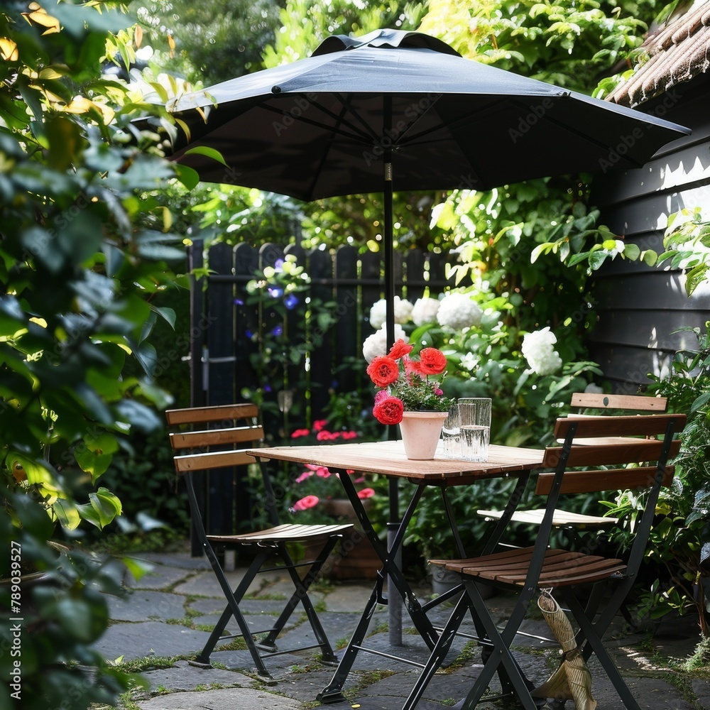 a set of garden furniture for relaxing in the garden, a table, chairs and an umbrella on a garden background