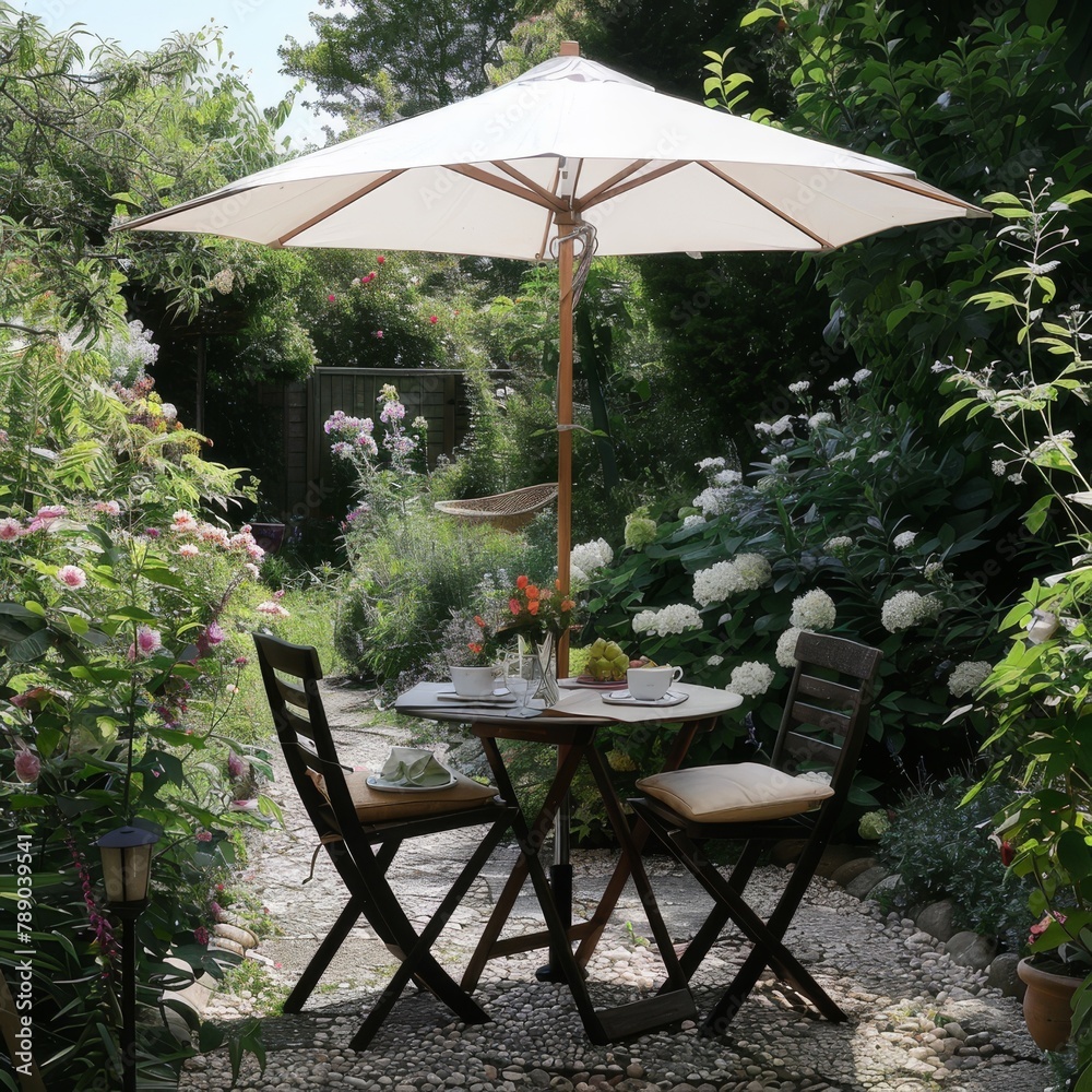 Fototapeta premium a set of garden furniture for relaxing in the garden, a table, chairs and an umbrella on a garden background