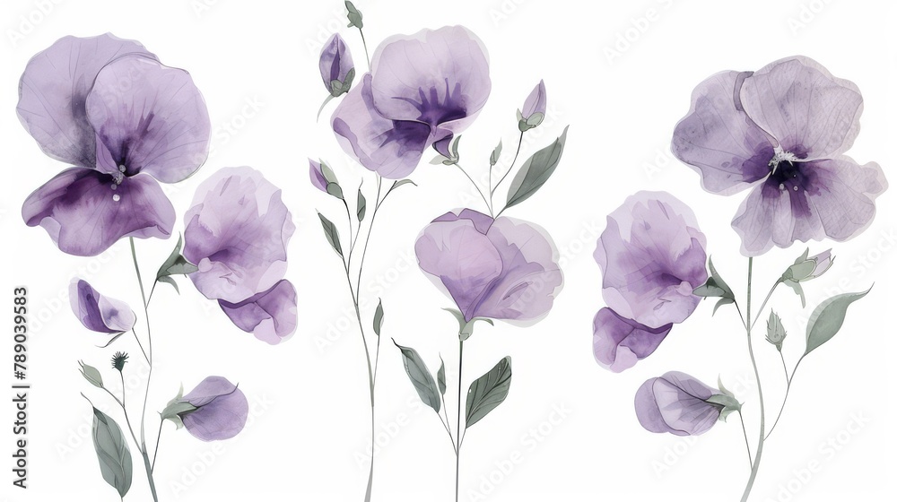 watercolor illustration of a sprig of purple sweet pea flowers on a white background, summer botanical drawing for wedding invitation or card, print watercolor illustration of a sprig of purple sweet pea flowers on a white background, summer botanical drawing for wedding invitation or card, print