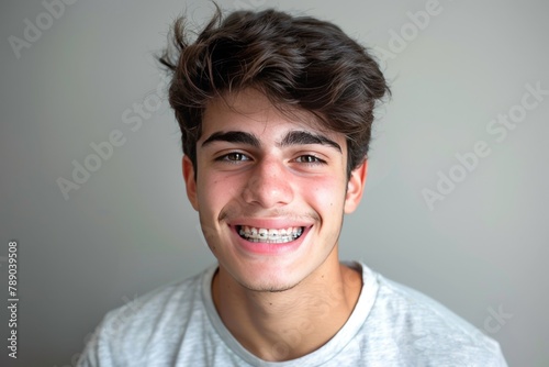 portrait of a smiling teenage boy with dental braces on his teeth, copy space photo