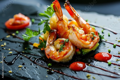 King prawn with vegetable tempura and saffron, served with tomato salsa placed on black platter .