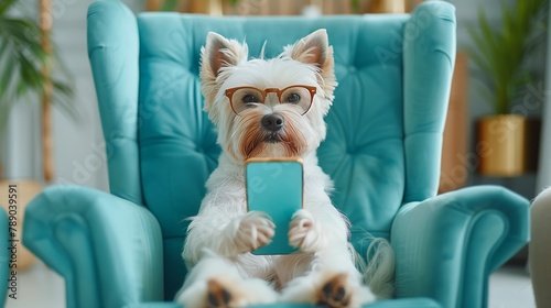 Fawn Dog breed sitting comfortably in chair, wearing glasses, holding cell phone
