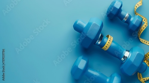Blue dumbbells and measuring tape on a blue background Flat lay copy space Equipment for home workouts and exercises in the gym Sports dumbbell for a healthy lifestyle top view Fitness : Generative AI