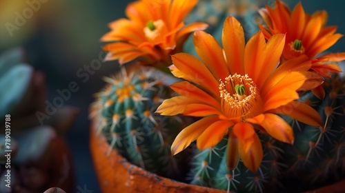 Closeup of Rebutia fabrisii orange flower cactus in a small pot : Generative AI photo