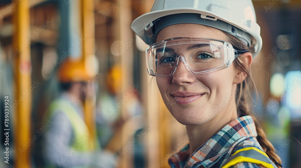 woman working on a construction site, construction hard hat and work vest, smiling, middle aged or older woman working on a construction site, construction hard hat and work vest, smiling, middle aged or older