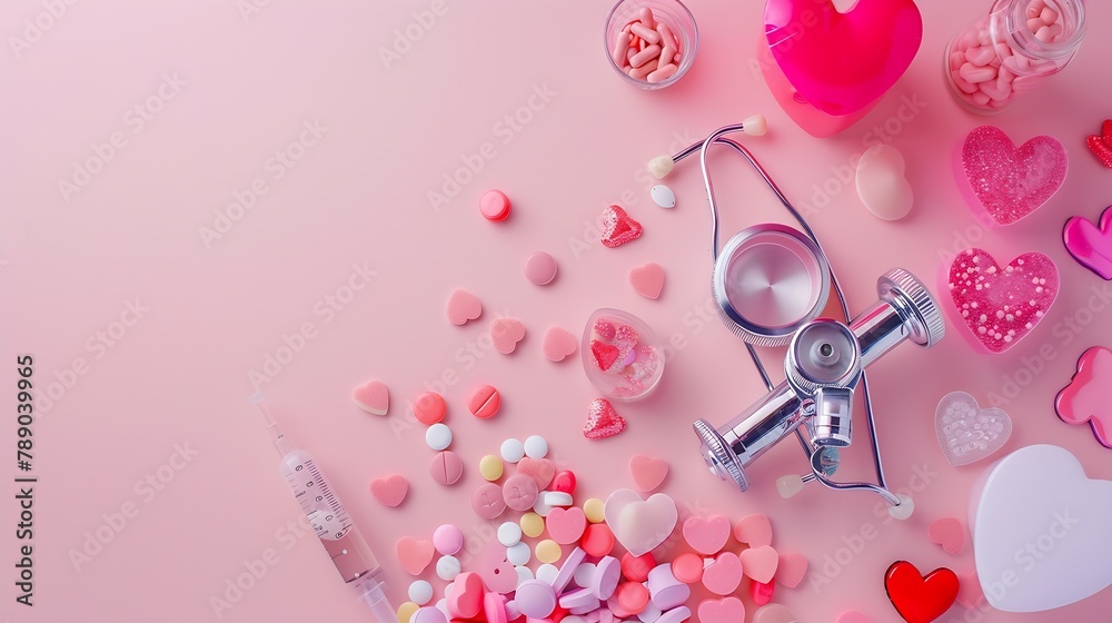 Table top view aerial image of accessories healthcare  medical with Valentines day background concepttelescope with colorful heart shape on pink paperFlat lay items for doctor using tr : Generative AI