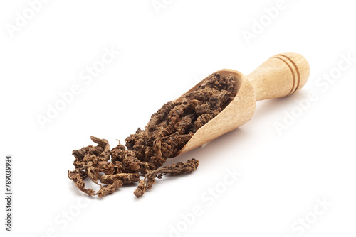 Front view of a wooden scoop filled with Organic Sugandha Bala (Pavonia Odorata) roots. Isolated on a white background. photo