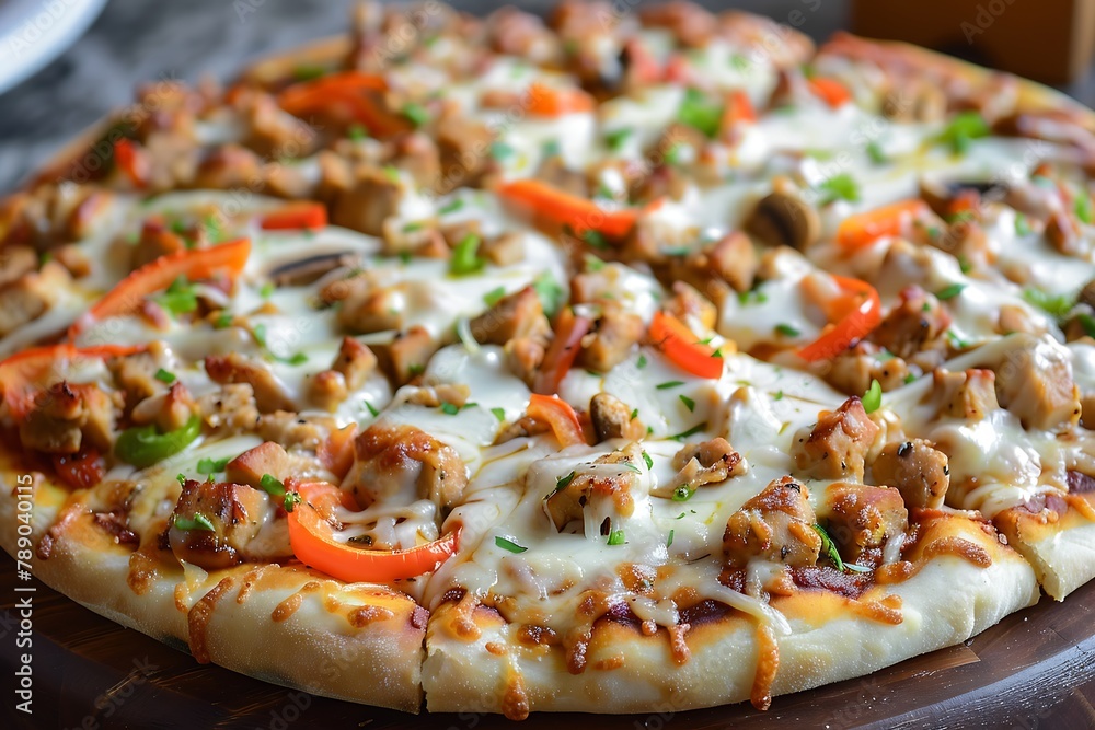Italian pizza with chicken vegetable toping .