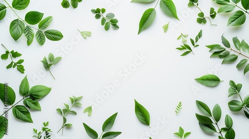 Frame of green branches and leaves on white background Flat lay top view : Generative AI