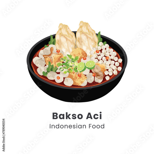 Hand drawn vector illustration of Baso Aci traditional food from Indonesia consist of tapioca meatballs and tofu in spicy broth