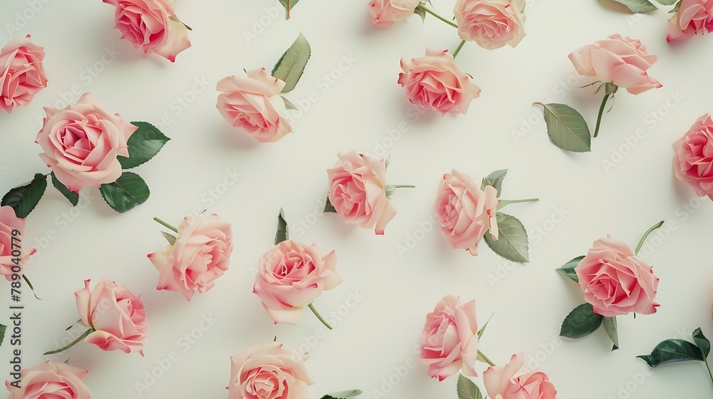 Pink roses on white background Flat lay top view : Generative AI Pink roses on white background Flat lay top view : Generative AI