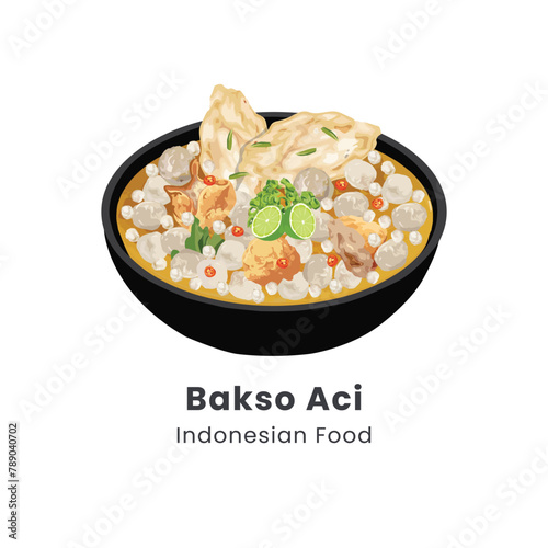 Hand drawn vector illustration of Baso Aci traditional food from Indonesia consist of tapioca meatballs and tofu in spicy broth