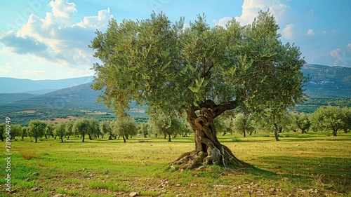 Ready for harvest, a green olive tree in a vast field. © Sawitree88