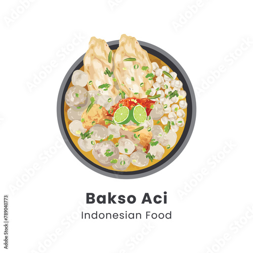 Hand drawn vector illustration of Baso Aci traditional food from Indonesia consist of tapioca meatballs and tofu in spicy broth
