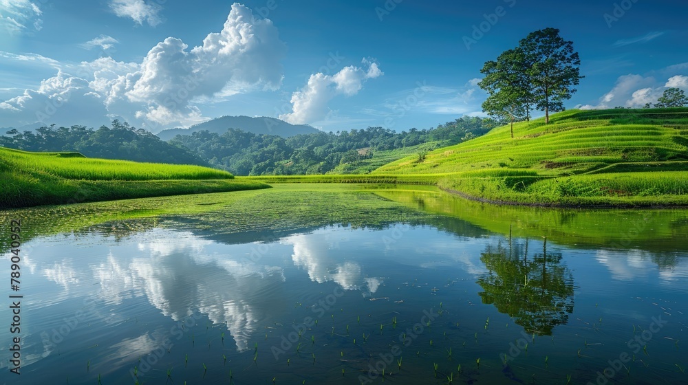 Vast and beautiful green hills fill the landscape dotted with long lush green trees while paddy fields stretch out fresh water rippling beneath reflections of the sky and fluffy clouds