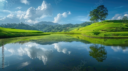 Vast and beautiful green hills fill the landscape dotted with long lush green trees while paddy fields stretch out fresh water rippling beneath reflections of the sky and fluffy clouds © 2rogan