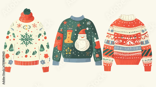 Set of Four ugly Christmas sweaters or jumpers isolated