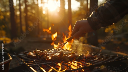 Close up of mans hand grilling food in forest : Generative AI #789040964
