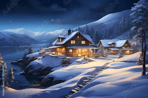 AI generated illustration of a cabin on snowy hill under starry night sky