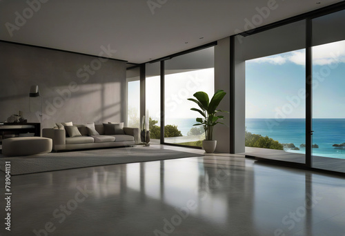 holiday luxury beach vacation wall floor glass concrete Hotel Empty house villa view white room home interior gray 3d Sea background window indoor elegant