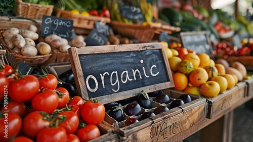 The vegetable market's "organic" sign is text-based. © Sawitree88