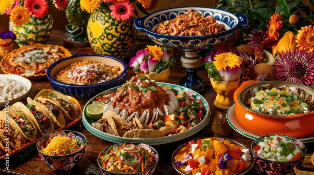 Indulge in a vibrant Fiesta fiesta feast featuring a colorful buffet table brimming with delicious traditional Mexican dishes