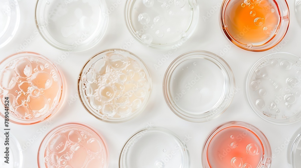 Fototapeta Petri dishes with cosmetic on white background Top view flat lay Concept skincare Dermatology science cosmetic laboratory Natural medicine cosmetic research organic skin care products : Generative AI