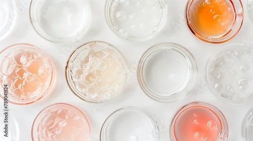 Obraz Petri dishes with cosmetic on white background Top view flat lay Concept skincare Dermatology science cosmetic laboratory Natural medicine cosmetic research organic skin care products : Generative AI