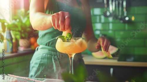Woman preparing melon margarita cocktail with mint in glass on dark green ceramic tile background close up Summer autumn drinks and alcoholic cocktails Alcoholic cocktail or detox drin : Generative AI photo
