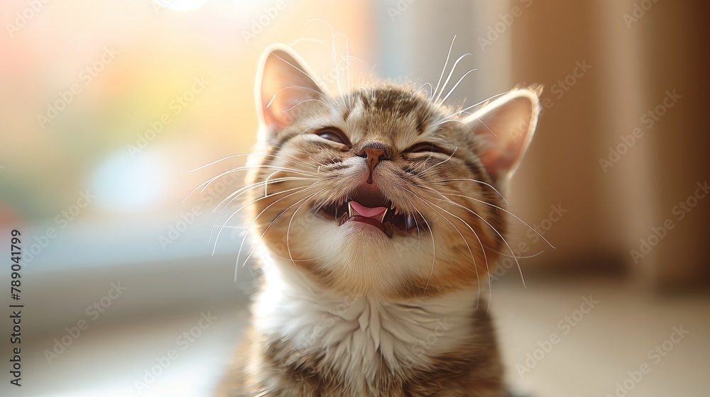 Close up of a Felidae kitten showing whiskers, fangs, and open mouth - obrazy, fototapety, plakaty 