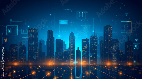 Internet speed Data communication connection network frame Modern industrial skyline city structure  city internet of things concepts wireless technology information system  abstract blue background.