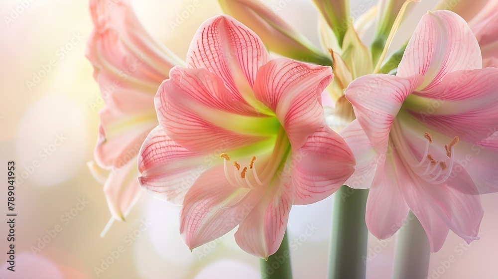 Closeup macro soft focus on petal pink Amaryllis flowers tropical forest plant blossom pastel backgroundnature spring flora desktop wallpaperbeauty or cosmetic banner poster website co : Generative AI