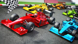 Racing cars on the track with waving checkered flag. 3D illustration