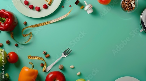Dieting concept Top view photo of plates with fruits vegetables nuts cutlery tape measure scales and dumbbells on isolated green background with copyspace : Generative AI