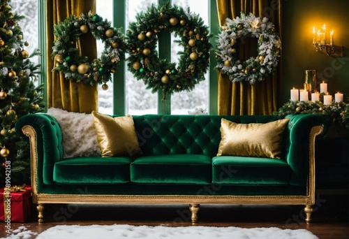 Elegant Christmas Sofascape Enchanting Green and Gold Lounge