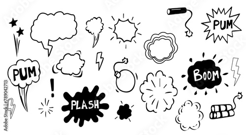 Garabatos de cómic dibujados a mano, Cómic burbujas. Dibujos explosiones cómicas divertidas, cómics palabras, burbujas de pensamiento y bombas.