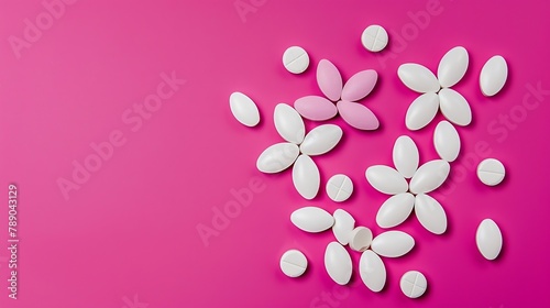 Flat lay image of pills in the shape of a flower on magenta pink background   Generative AI