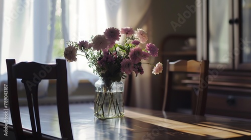 Close up of design wooden table with stylish chairs flowers in vase and elegant accessoreis Details of home decor Indusrtial concept of dining room Open space Template Old wall : Generative AI photo