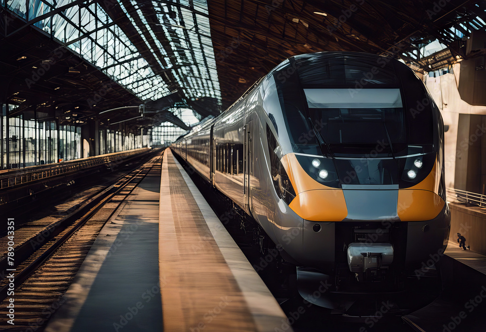 Naklejka premium speed high train Modern railway transportation transport travel railroad motion fast station movement locomotive passenger move vehicle perspective rapid technology public commute journey electric