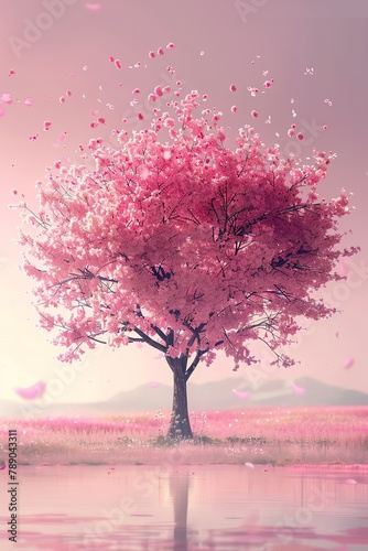 Cherry Tree  Blossoming cherry tree against a light pink sky water color, cartoon, hand drawing, animation 3D, vibrant, minimalist style © sitthisak