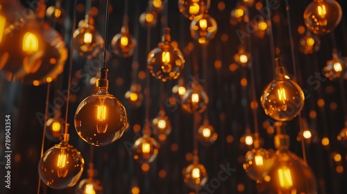 Classic sphere lighting bulbs are glowing in orange warming shade there are hanging from ceiling in dark environment Interior cozy style decoration Closeup and selective focus : Generative AI photo