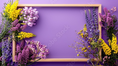 An exquisite arrangement of spring flowers set against a purple background featuring a wooden empty frame adorned with a mimosa This charming composition offers a perfect spot for adding yo