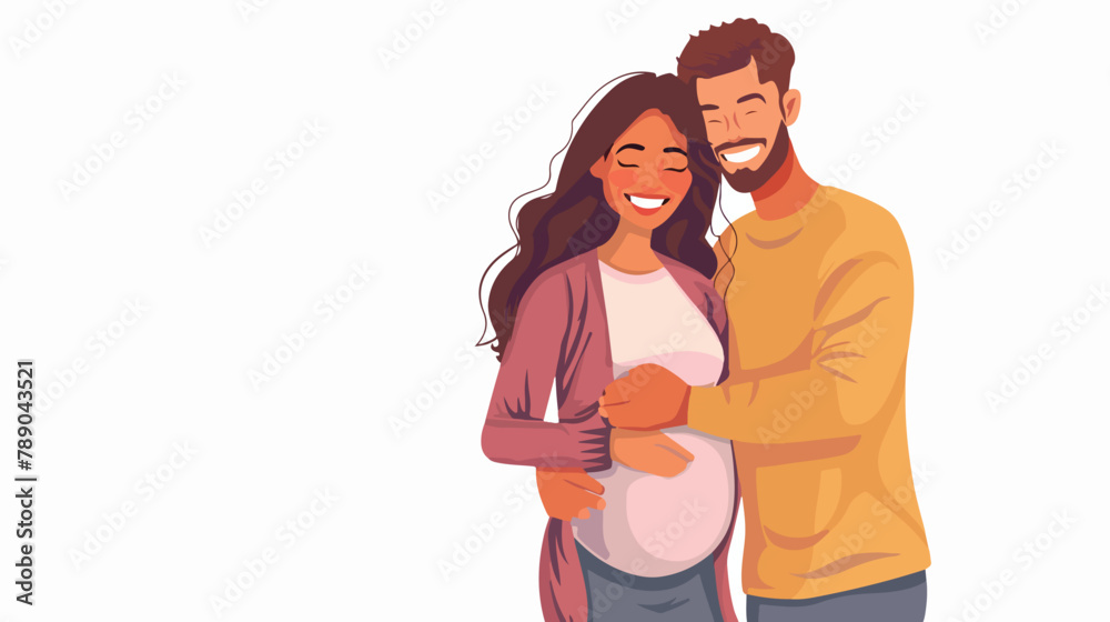 Smiling embracing pregnant woman and man isolated on