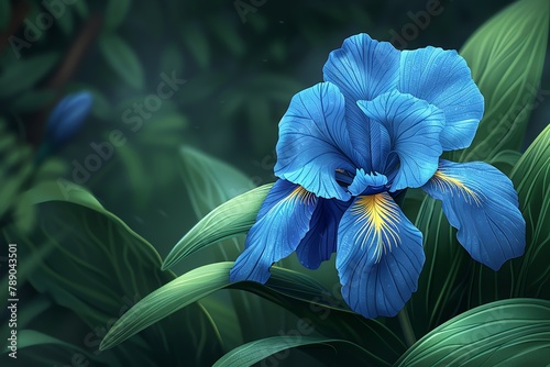 Iris A striking blue iris on a dark green leafy background water color, cartoon, animation 3D, vibrant