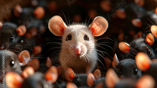 A rodent standing in a group of mice, facing the camera