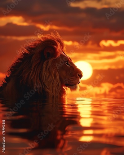 Lion  A majestic lion against a deep sunset orange background  water color, cartoon, animation 3D, vibrant