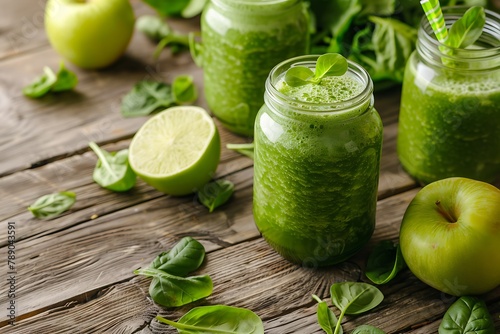 Healthy green smoothie on wood background .