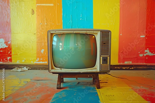 Vintage television test card in pop art style, saturated primary colors, central copy space, sharp focus, fisheye lens effect
