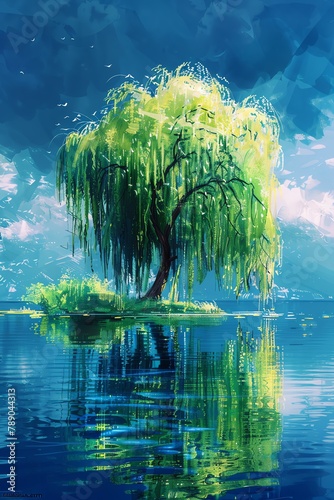 Willow Tree  A weeping willow with a serene blue water background  water color, cartoon, hand drawing, animation 3D, vibrant, minimalist style