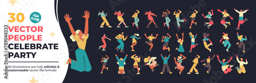 People Celebrate Party. Mega Set. Collection scenes of people party, celebrate, festive, dance activity. Vector Illustration